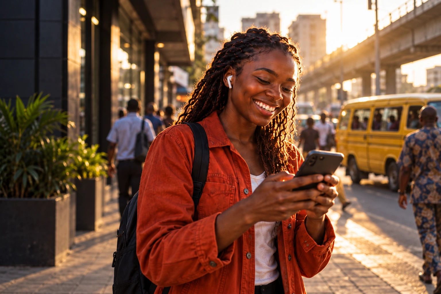 A young woman with a backpack smiling at her phone on a busy city pavement at golden hour.