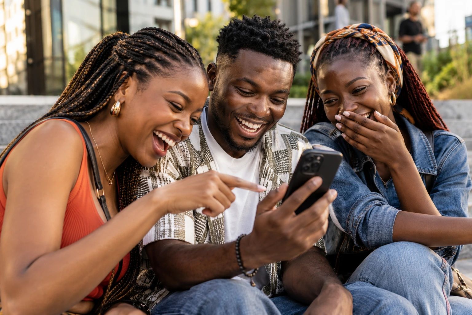 Three friends on outdoor steps laughing at something on one phone.
