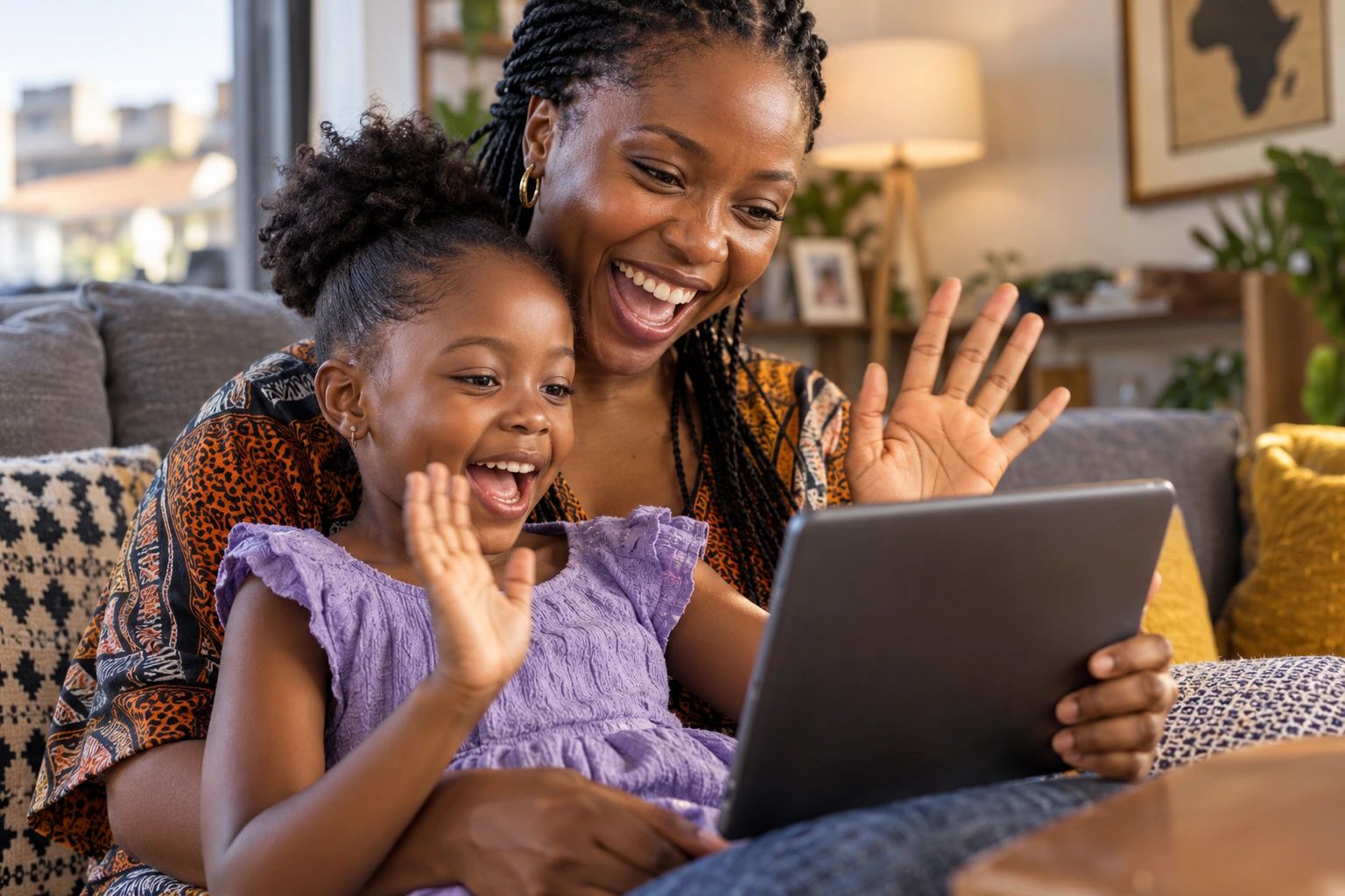 A mother and her young daughter laughing and waving at a video call on a tablet.
