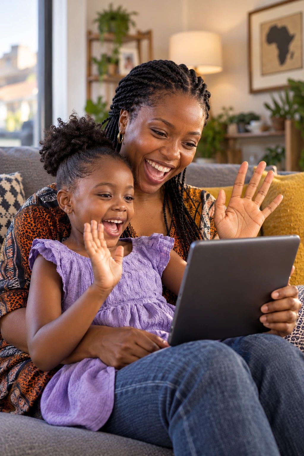 A mother and her young daughter on a sofa, waving at a video call on a tablet.